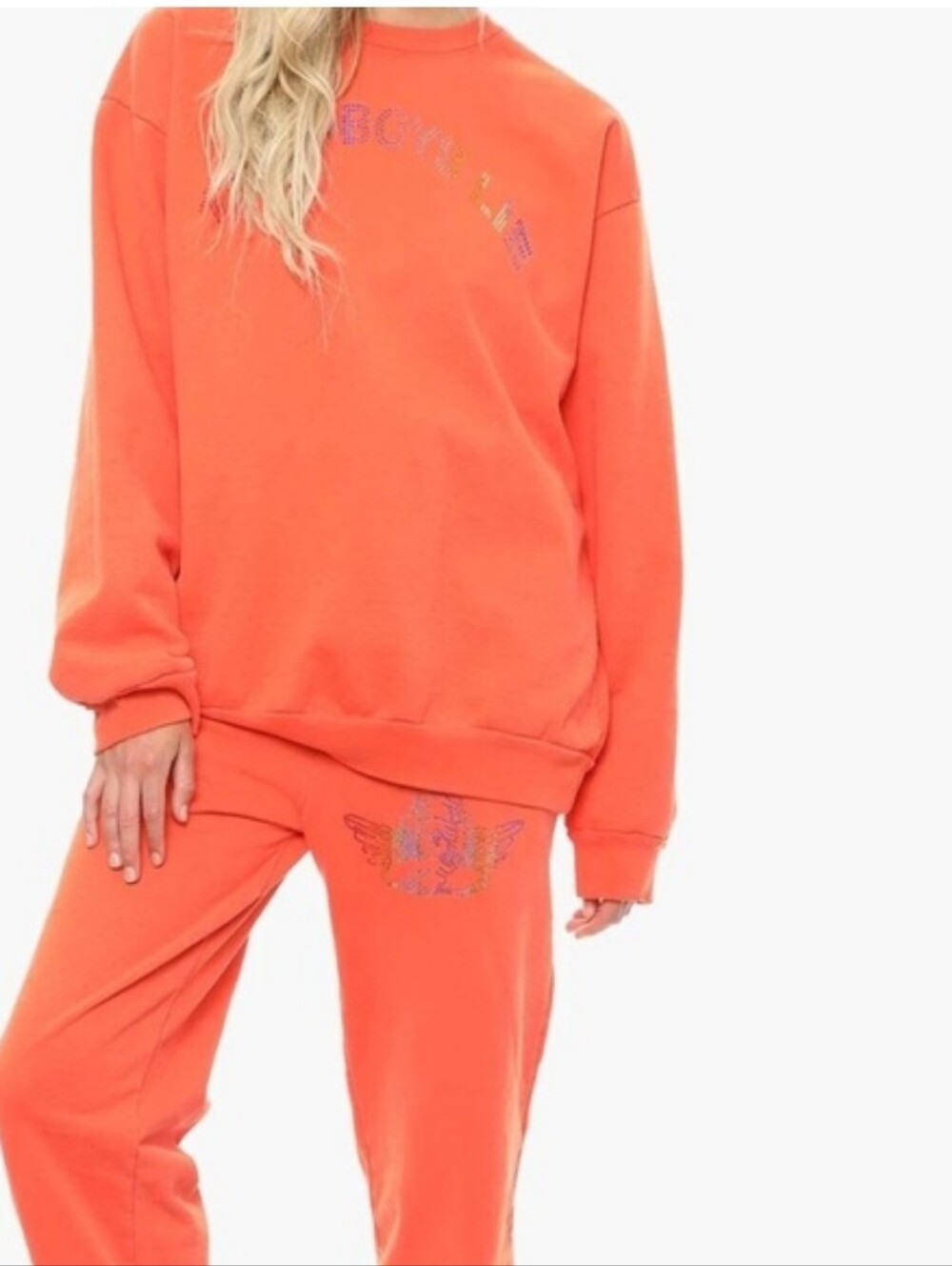 Boys Lie Orange Graphic Crewneck Sweatshirt Sweatpants Set, Rainbow Rhinestone